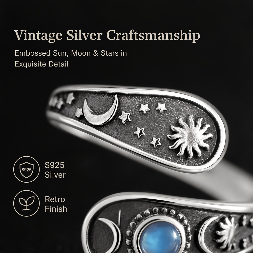 925 Sterling Silver Sun Moon Star Ring for Women